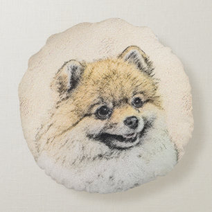 Coussins Ronds Peinture Poméranienne (orange) - Art Chien origina