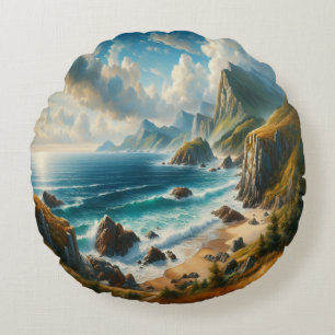 Coussins Ronds Peintures sur mer Plage de mer avec falaise