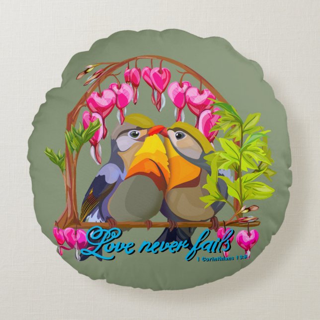 Coussins Ronds Pekin Robins—Leiothrix Love Never Fails (Devant)