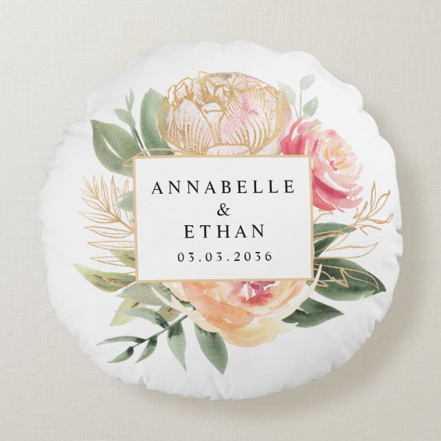 Coussins Ronds Peony and Gold Flowers Newlyweds Cushion (Devant)