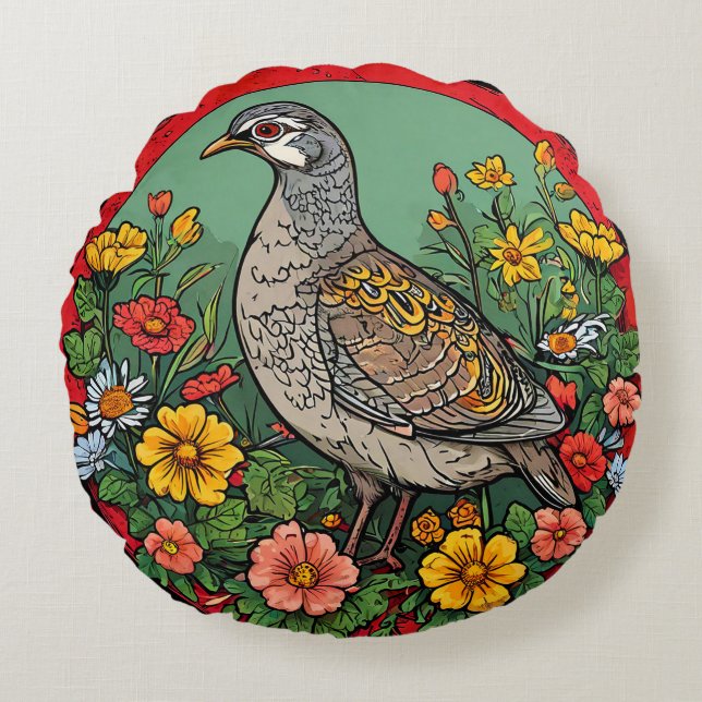 Coussins Ronds Perdrix grise colorée Artistique Faune Oiseau  (Devant)