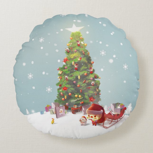 Coussins Ronds Père Noël avec arbre de Noël (Devant)
