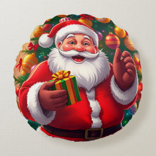 Coussins Ronds Père Noël avec sapin de Noël et cadeaux