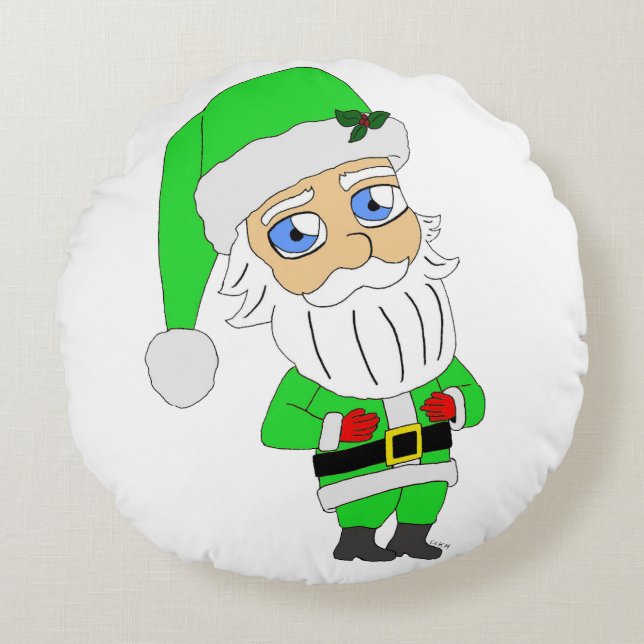 Coussins Ronds Père Noël en costume vert chibi (Devant)