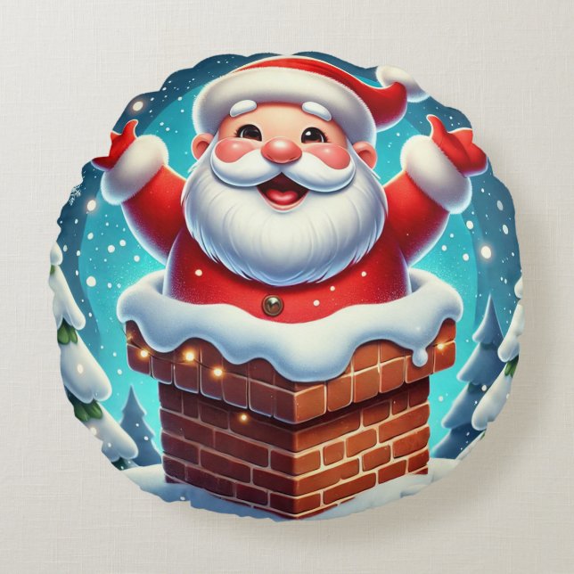 Coussins Ronds Père Noël festif sortant de la cheminée (Devant)
