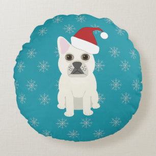 Coussins Ronds Père Noël Frenchie, Flocons Bleu