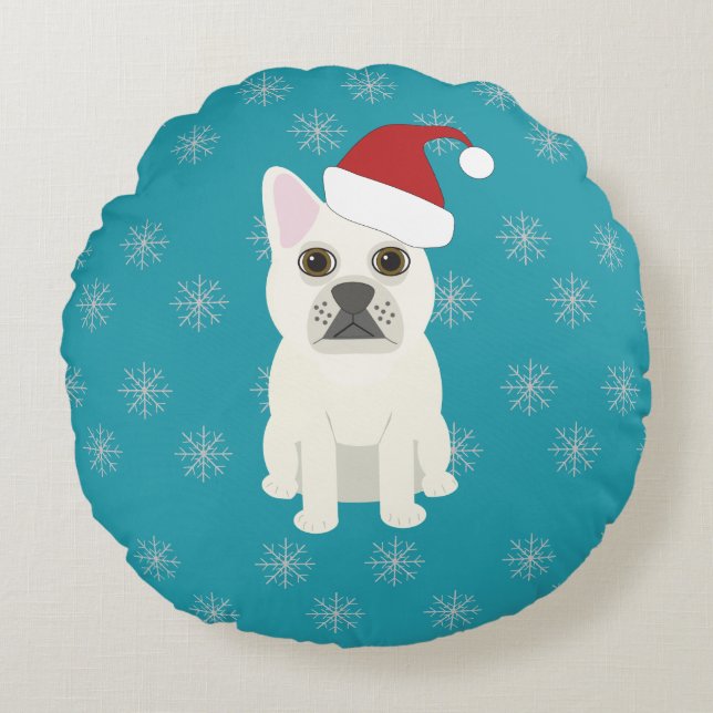 Coussins Ronds Père Noël Frenchie, Flocons Bleu (Devant)