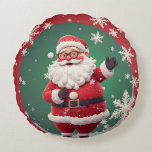 Coussins Ronds Père Noël joyeux entouré de flocons de neige