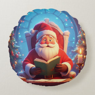 Coussins Ronds Père Noël lisant un livre à la lumière d'une bougi