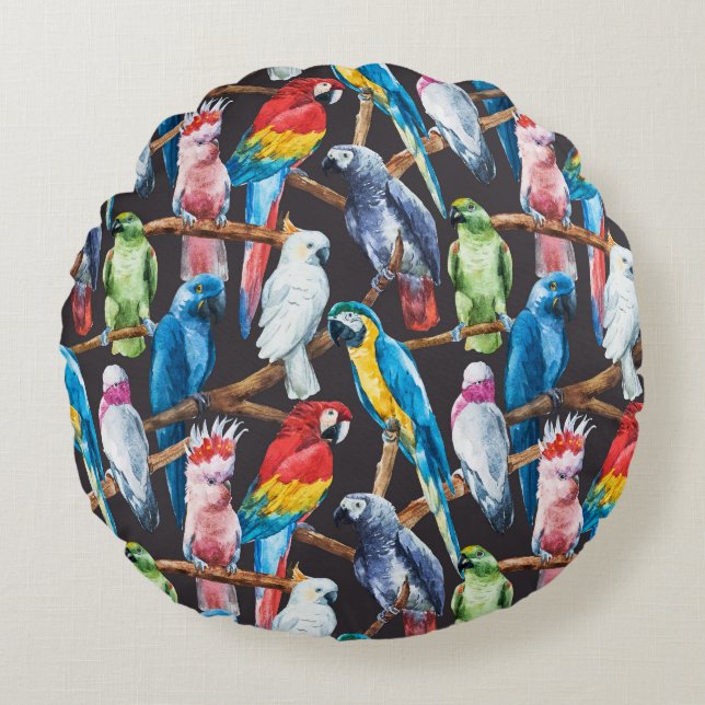 Coussins Ronds Perroquet : papier peint d'aquarelle tropicale. (Devant)