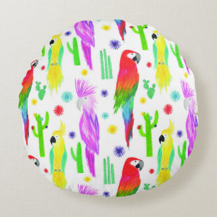 Coussins Ronds Perroquets colorés, motif dessiné à la main.