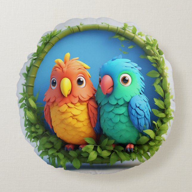 Coussins Ronds Perroquets de dessin animé colorés (Devant)