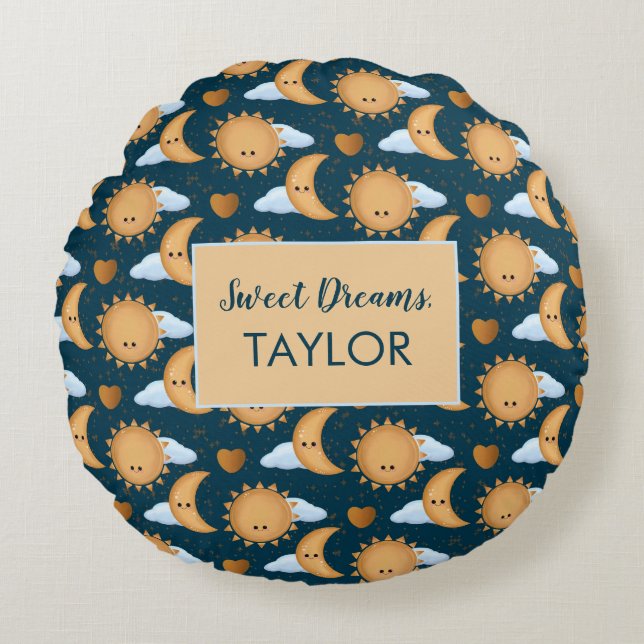 Coussins Ronds Personalized Blue Gold Sun Moon Sweet Dreams Name (Devant)