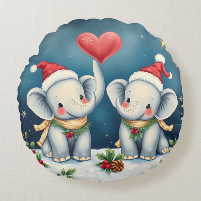 Coussins Ronds Personalized Christmas Pillow Duo Love Elephants (Devant)