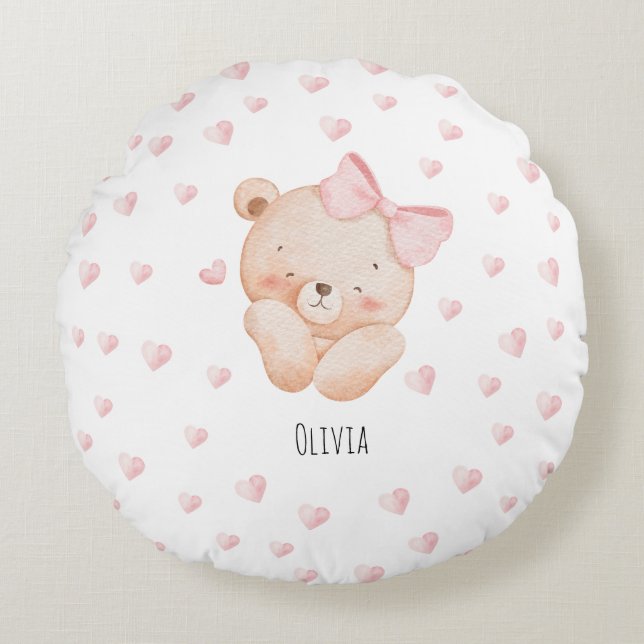Coussins Ronds Personalized Cute Bear with pink Hearts  (Devant)