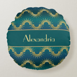 Coussins Ronds Personalized Teal & Gold Art Deco Sunburst Name