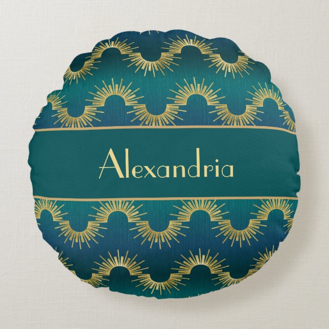 Coussins Ronds Personalized Teal & Gold Art Deco Sunburst Name (Devant)