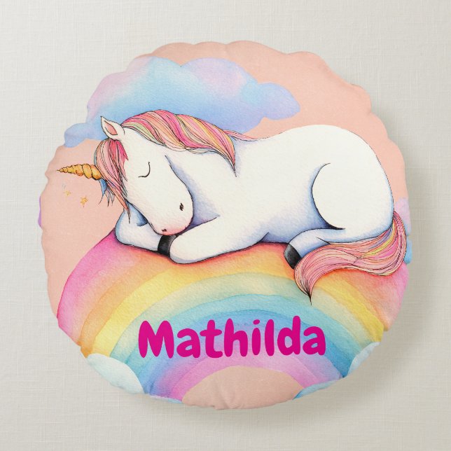 Coussins Ronds Personalized Unicorn Pillow, Watercolors,  (Devant)