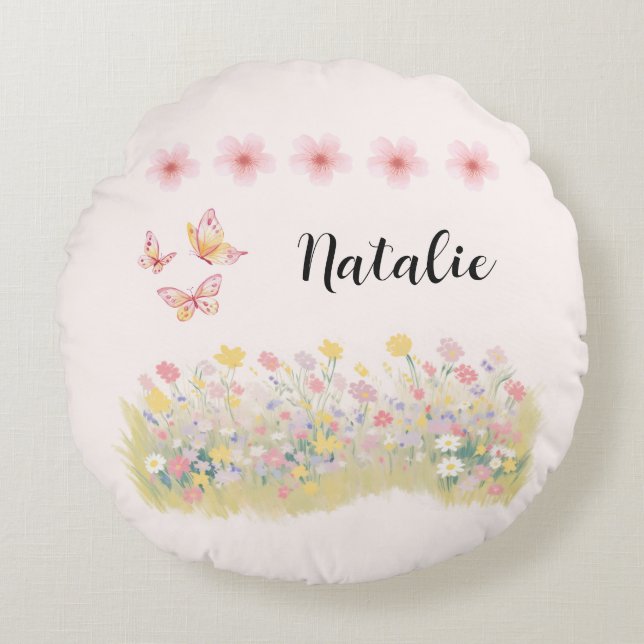 Coussins Ronds Personalized Wildflower & Butterfly Round Pillow (Devant)