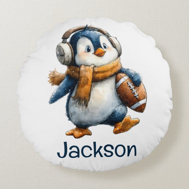 Coussins Ronds Personalized Winter Penguin Football Kid (Devant)