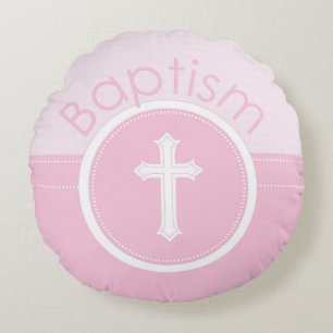 Coussins Ronds Personnalisable, Enfant de Dieu rose Baptême Fille