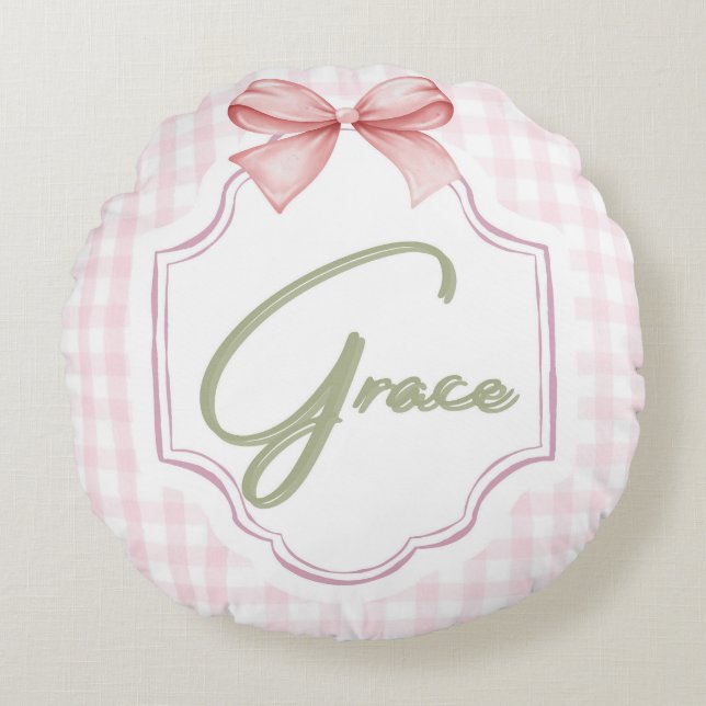 Coussins Ronds Personnalisé Grace Baby Girl Nursery Bow&En vichy (Devant)