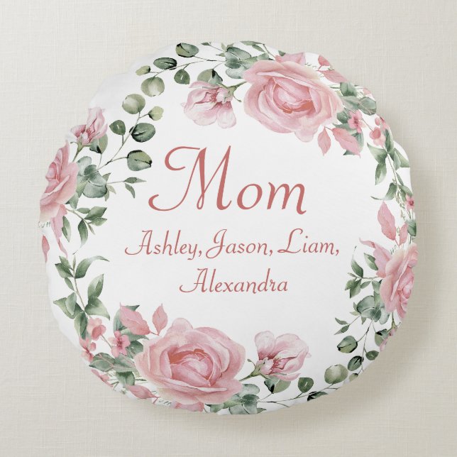 Coussins Ronds Personnalisé Maman Rose Roses Floral 4 à 8 Noms d' (Devant)