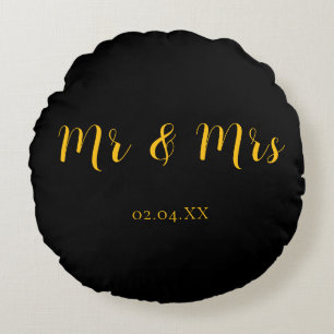 Coussins Ronds Personnalisé Noir avec Jaune Mr & Mrs