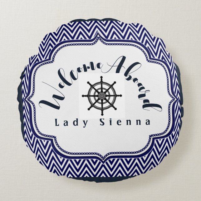 Coussins Ronds Personnalisez Marine bleu et blanc avec roue de na (Devant)