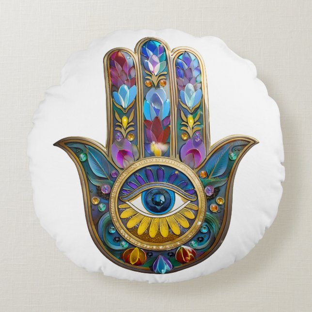 Coussins Ronds Pétales Colorés Feuilles Hamsa Saphir Troisième Œi (Devant)