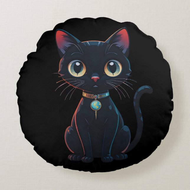 Coussins Ronds Petit Chat Noir Effrayant (Devant)
