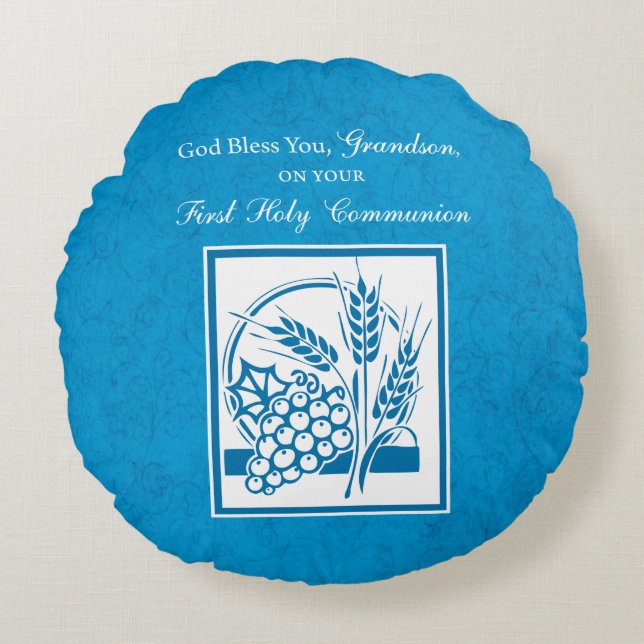 Coussins Ronds Petit-fils Première communion Bleu, Blé, Raisins (Devant)