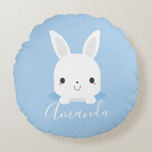 Coussins Ronds Petit lapin bleu mignon avec nom personnalisé