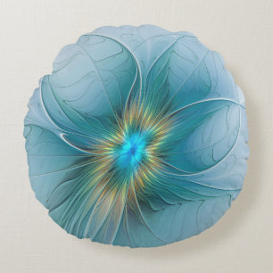 Coussins Ronds Petite Beauté Moderne Fleur d'Art Fractal Bleu Or