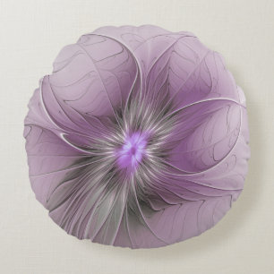 Coussins Ronds Petite Beauté Moderne Fleur d'Art Fractal Gris Mau