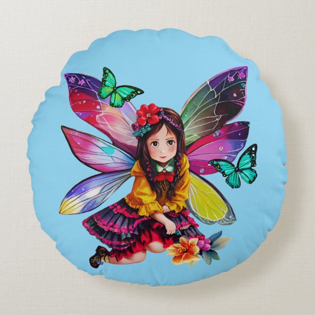 Coussins Ronds Petite Fée avec Papillons (Devant)