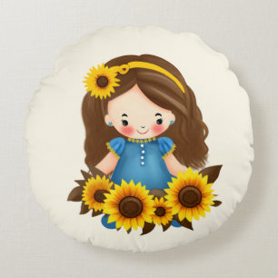 Coussins Ronds Petite fille avec des tournesols