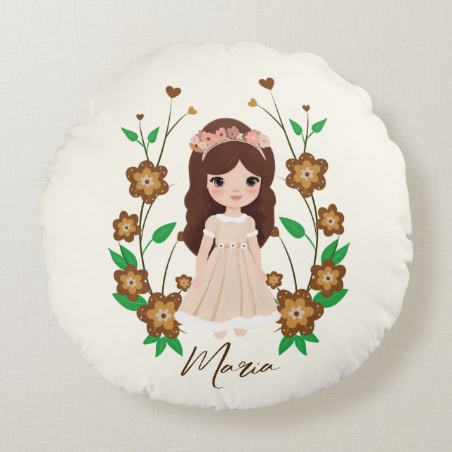 Coussins Ronds Petite fille avec fleurs (Devant)