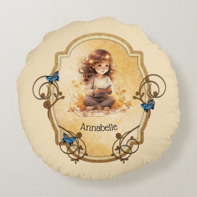 Coussins Ronds Petite fille magique lisant un livre (Dos)
