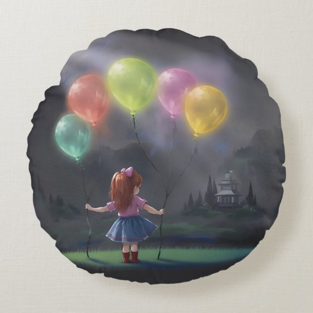 Coussins Ronds Petite fille mignonne avec des ballons (Devant)
