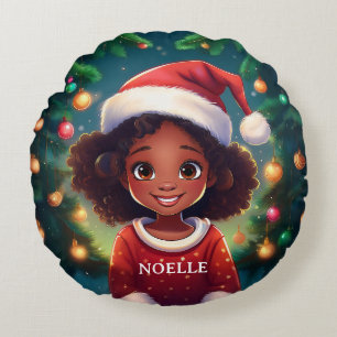 Coussins Ronds Petite fille noire Noël chapeau de Noël