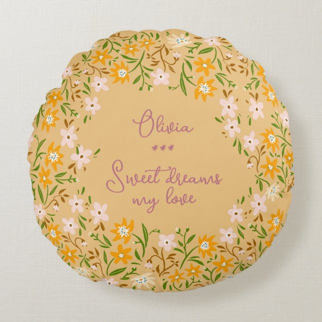 Coussins Ronds Petite fille rose floral joli fleurs botaniques (Devant)