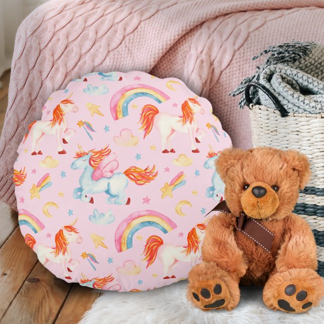 Coussins Ronds Petite fille rose licorne Motif avec prénom (Créateur téléchargé)