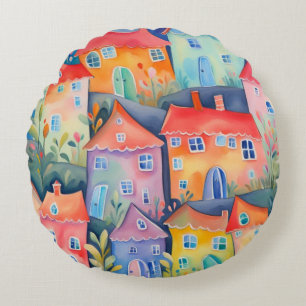 Coussins Ronds Petites maisons pastel de couleur douce, couleur p