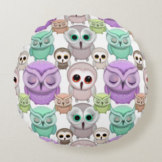 Coussins Ronds Petits hiboux mignons aux couleurs pastel (Devant)