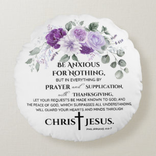 Coussins Ronds Philippiens 4:6-7 Écriture Fleurs violettes pourpr