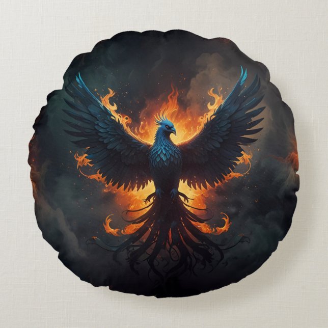Coussins Ronds Phoenix Bird Rising avec flammes (Devant)