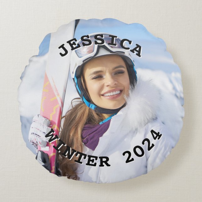 Coussins Ronds Photo de famille de texte courbe noir et blanc (Devant)