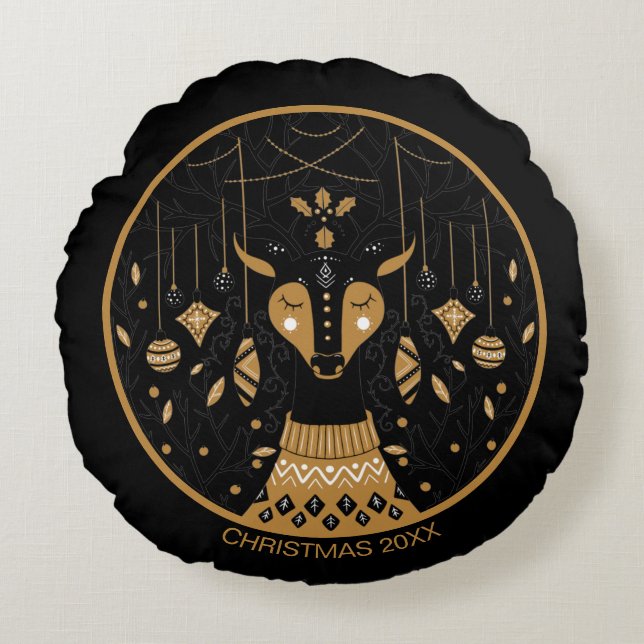 Coussins Ronds Photo de Noël personnalisée aux rennes (Devant)