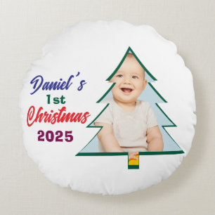 Coussins Ronds Photo d'un joli arbre Bébé garçon 1er Noël